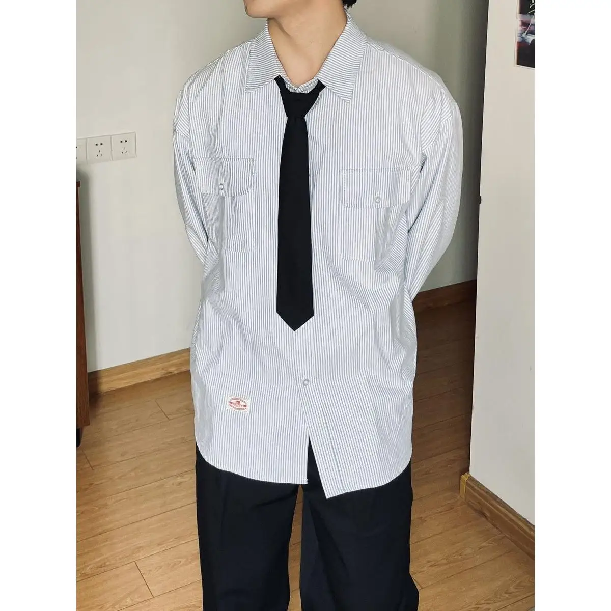 

Мужская рубашка в полоску с длинным рукавом в американском стиле, повседневная рабочая одежда, внутренняя рубашка, весна-осень, молодежная мода, свободный крой, хлопок/полиэстер