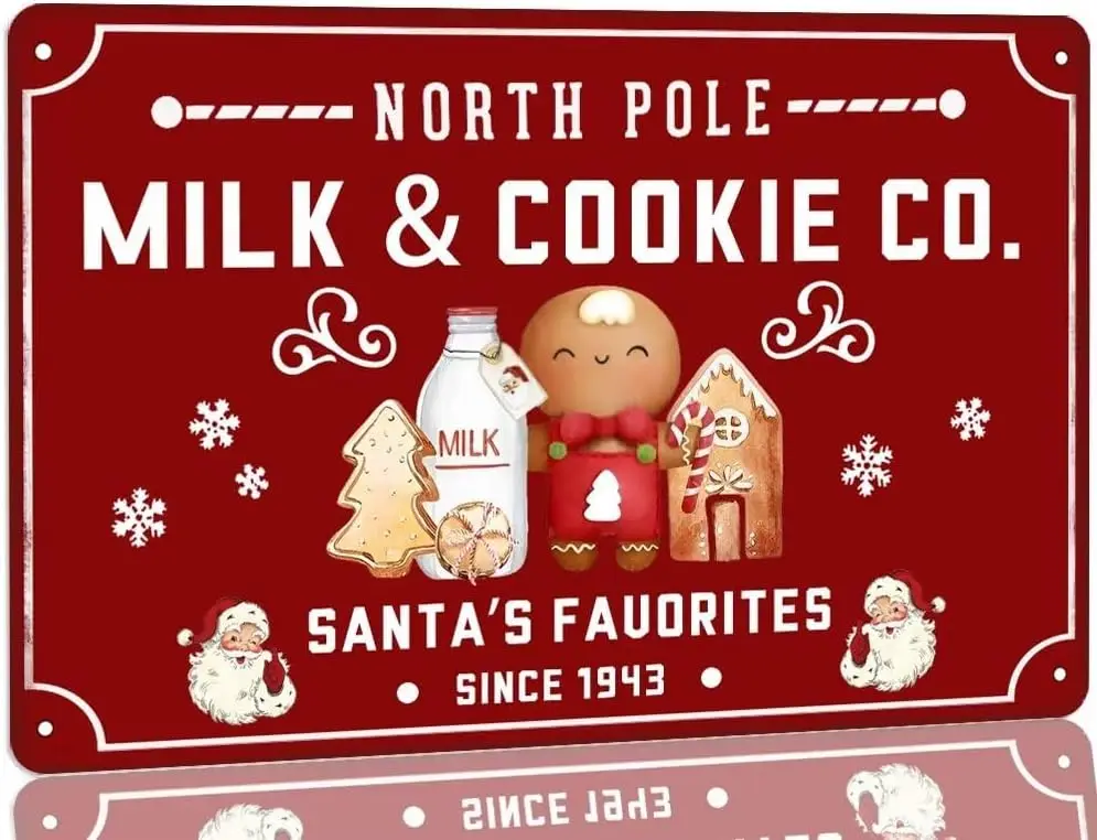 North Pole Milk & Cookie Company - Letrero de metal para hornear, carteles favoritos de Papá Noel, decoración rústica de Navidad para el hogar, cocina, cafetería B