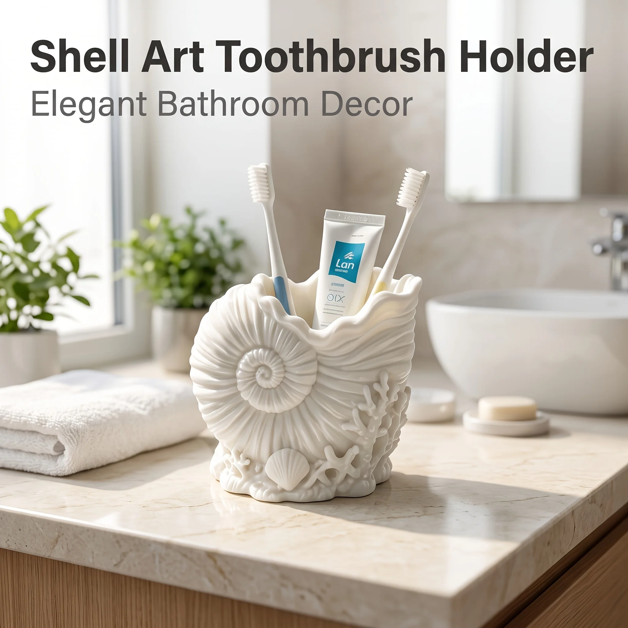 French-style Pure White 3D Embossed Conch and Coral Toothbrush Holder, 3D Printed Storage Tube for Toothbrush, Toothpaste