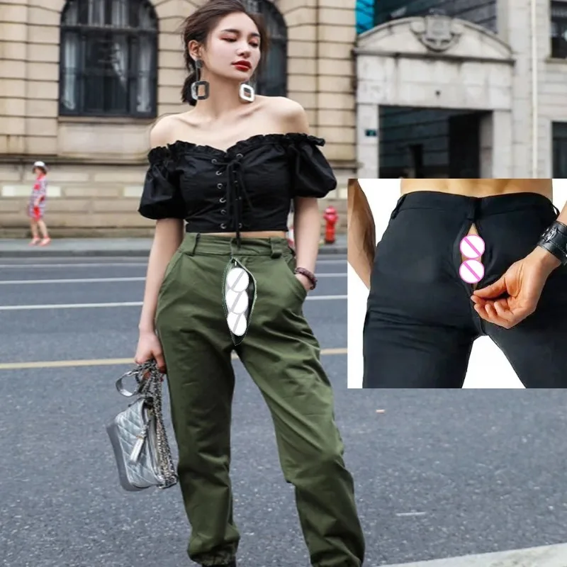 Outdoor Open Crotch Sex Pants, Exotic Hotpants Women Joggers Trousers Peach Hip Leggings Yoga Clothes Couple Casual Streetwear