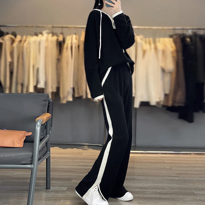 100% wool pullover, spring and autumn fashion casual set, women's new Korean sportswear, loose fitting and age reducing two-piec