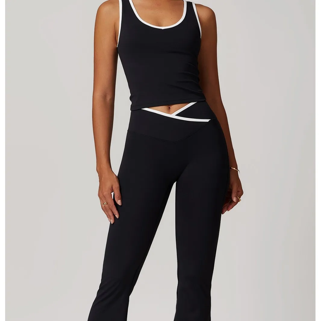 

Комплект для йоги с укороченным топом с перекрестной спинкой, брюки-клеш с высокой талией и цветными блоками, спортивный костюм для фитнеса для женщин