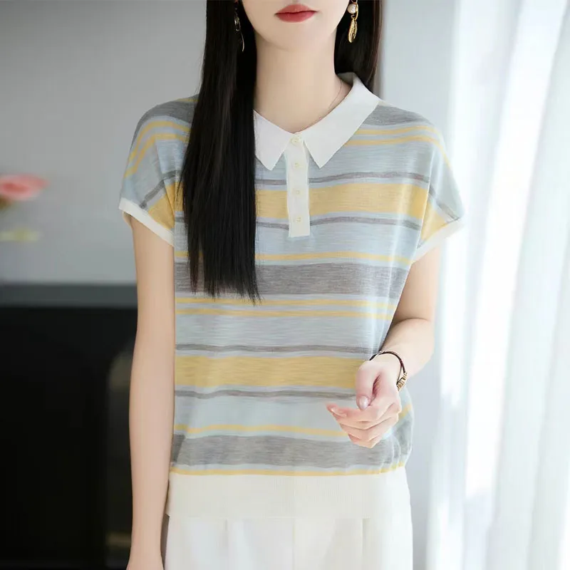 

New Summer Short Sleeve Knitted Sweater Women Pullovers Turn Down Collar Striped Knit Sweater Pullover Women Tops Sweaters Q5184
