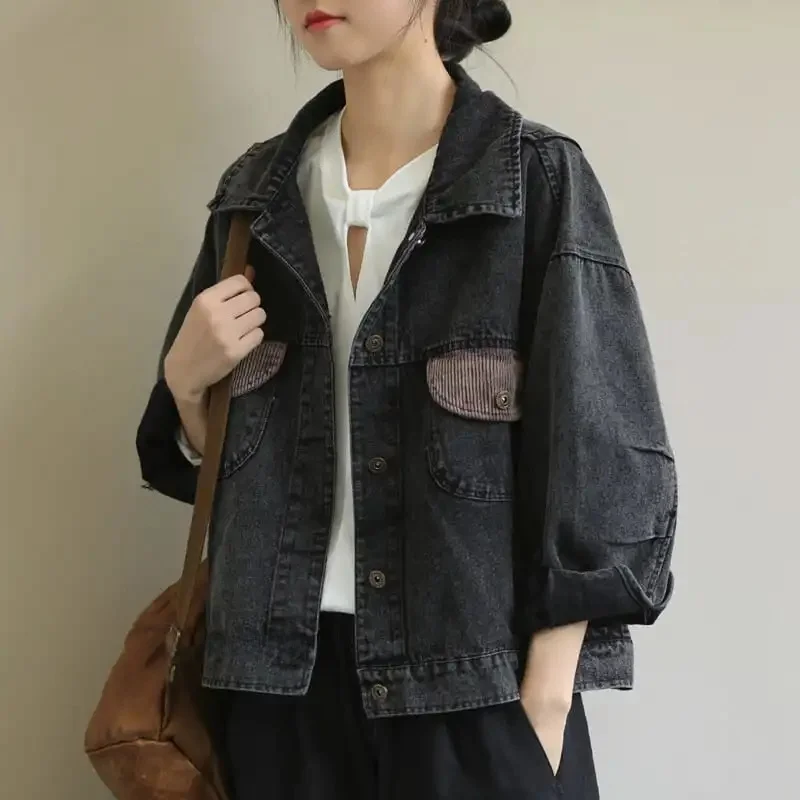 

Retro Casual Denim Jaet Women's Spring Autumn plus Size Collar ket Detail Loose Fit Long Sve Cotton Coat
