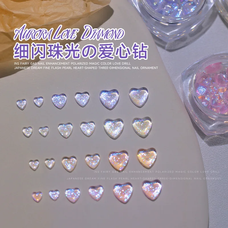 

30pcs/lot Aurora Love Heart Nail Art Rhinestone 3D Shiny Flat-Bottom Mixed Size Crystal Nail Gem DIY Crystal Nail Accessories