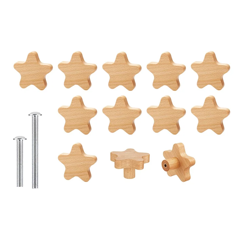 LUWEI Boho Dresser Knobs-12Pack Durable Wood Drawer Knobs Star-Shaped Wooden Dresser Pulls With 24Screws For Cabinet,Furniture D