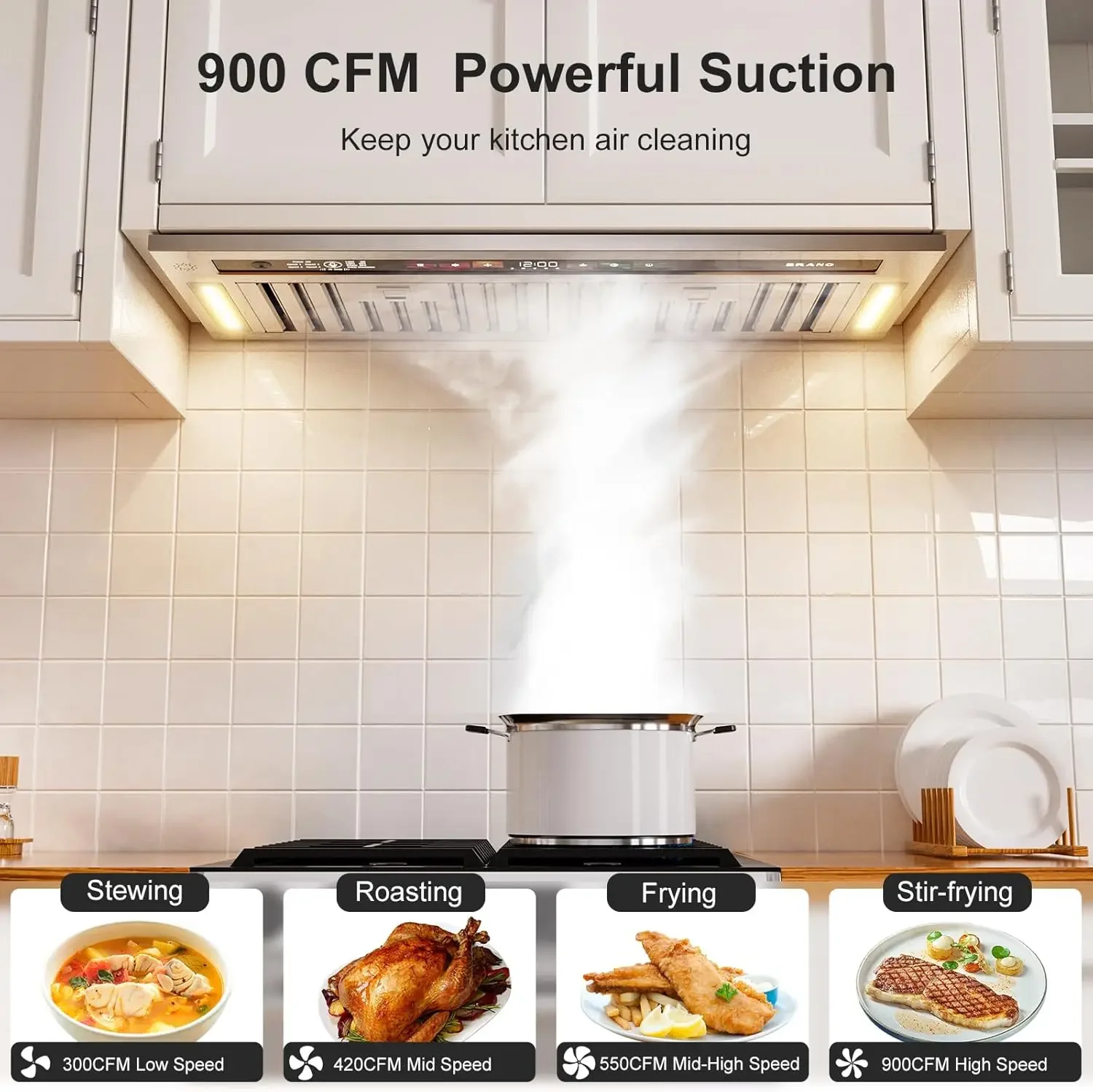 Range Hood Insert 30 Inch,  Smart Voice Gesture Touch Control, 4 Speed Exhaust Fan, Stainless Steel Kitchen