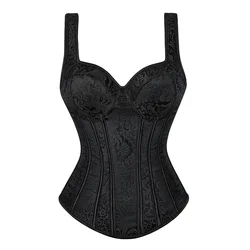 Women Jacquard Overbust Corset Vest with Straps Plus Size Steampunk Bustiers Lace Up Boned Korset