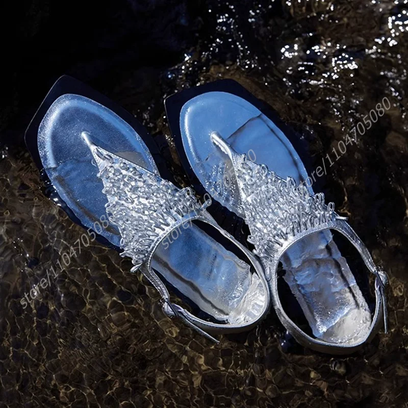 

Silver Crystal Mesh Flats Sandals Seaside Clip-Toe Open Mules Women Open Heel Gold Shiny Black Leather Roman Simple Beach Shoes