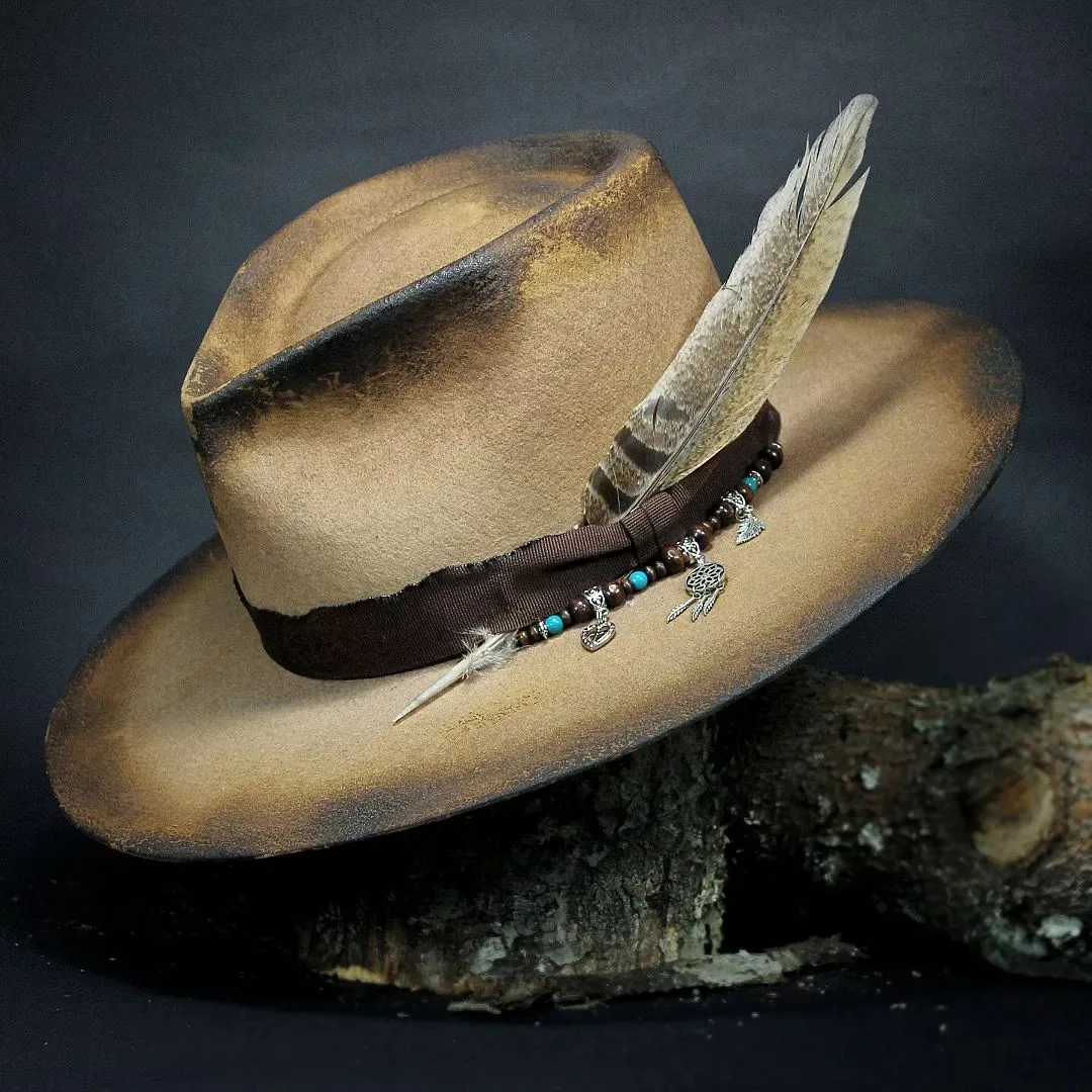 

Wool Hat with Ribbon Decoration, Sheepskin Hat with Vintage Style, Sheepskin Hat with Feather Decoration, Wool Jazz Hat