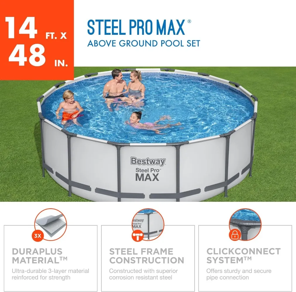 Steel Pro MAX 14 Foot x 48 Inch Round Metal Frame Above Ground Outdoor Swimming Pool Set with 1,000 Filter Pump, Ladder, and