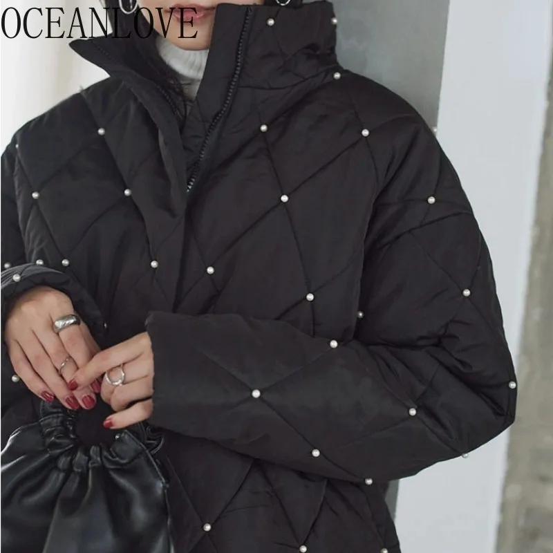 OCEANLOVE Autumn Winter Coats Women Solid Beading Japanese Style Warm Short Parkas Elegant Fashion Stand Collar Sweet Jackets