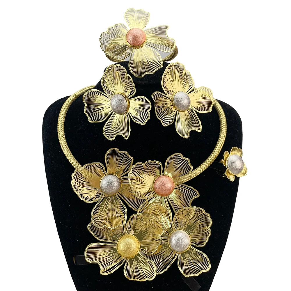

Luxury Jewelry Sets Women Italian Brazilian Gold Plated Wedding Necklace Earrings Charm Bracelet Ring Party Jewellery FHK20658