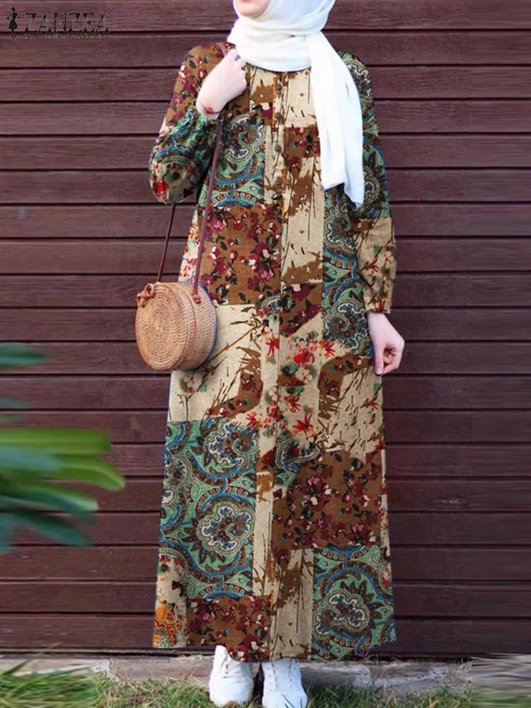 Muslim Hijab Dresses Abaya ZANZEA Vintage Women Spring Long Sleeve Printed Sundress Maxi Long Dress Islamic Clothing Robe Femme