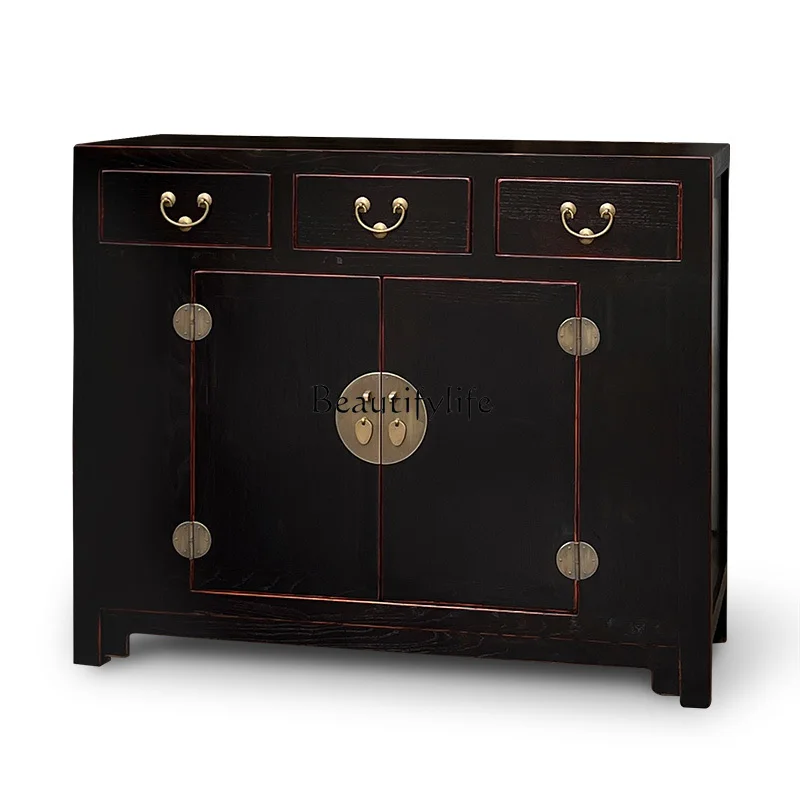 

1Chinese neoclassical black lacquer small door old elm shoe cabinet/solid wood antique Ming and Qing furniture locker