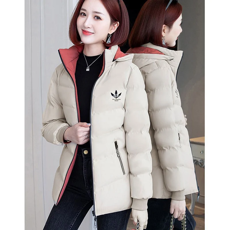 

Hooded Printing Women Down Cotton Jacket Winter Fashion Elegant Double-Sided Wear Warm Slim Parkas 2023 Office Lady Thick Coat