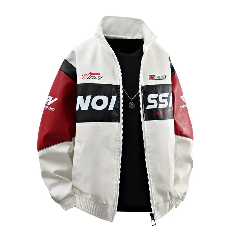 Man Leather Jacket Autumn Windproof Contrast Color Stand Collar Men Coat Fashion Long Sleeve Zipper Young Male Outerwear