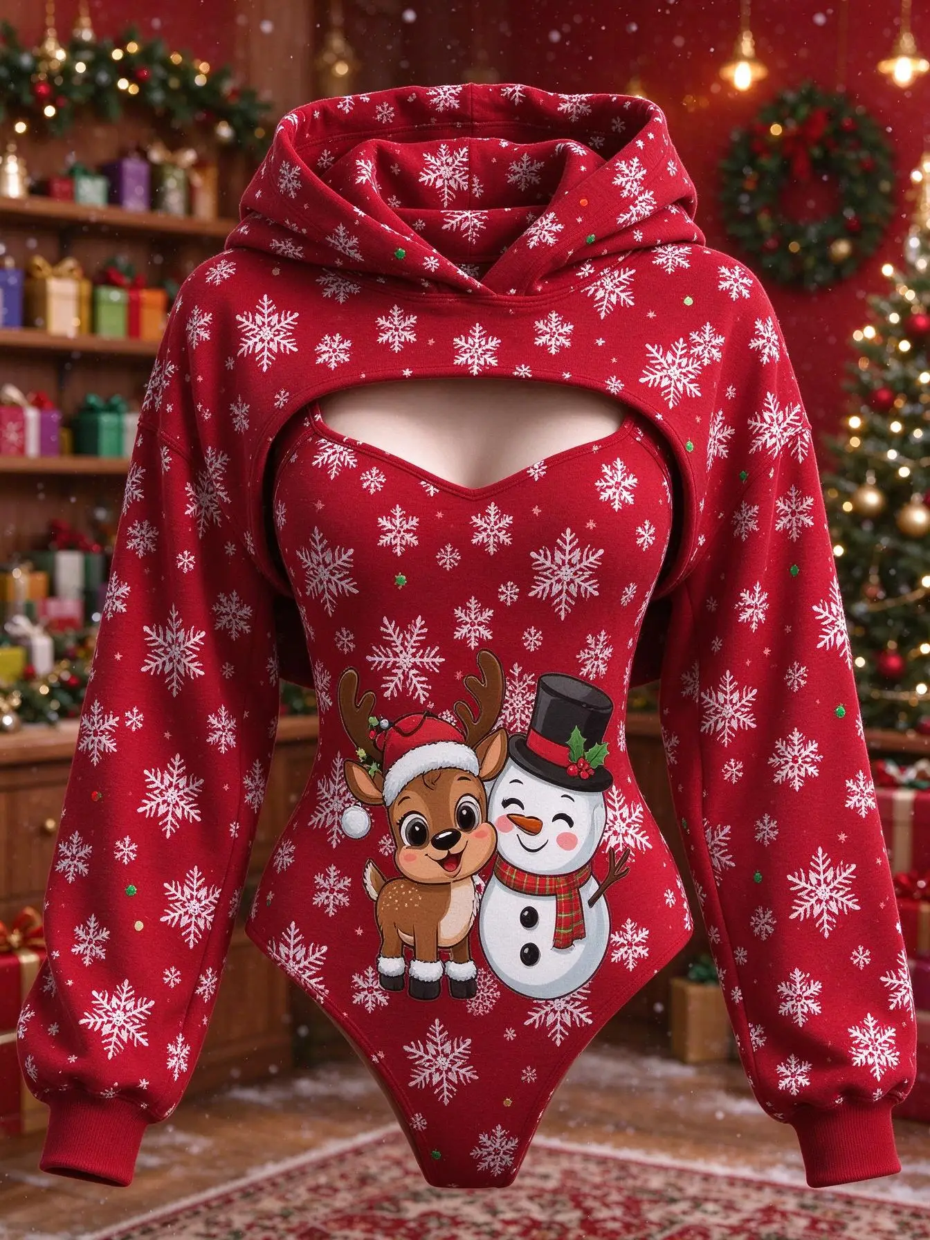 Conjunto de dos piezas para mujer, ideal para Navidad: body con estampado de copos de nieve, renos y muñecos de nieve, y chaleco con capucha, perfecto para fiestas navideñas.