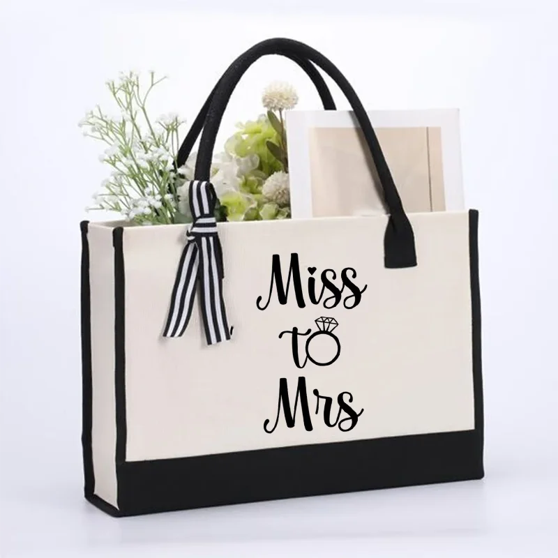 Miss to Mrs Bride Tote Bag with Makeup Bag Gifts for Bridal Shower Bachelorette Wedding Party supplies bride to be wedding decor