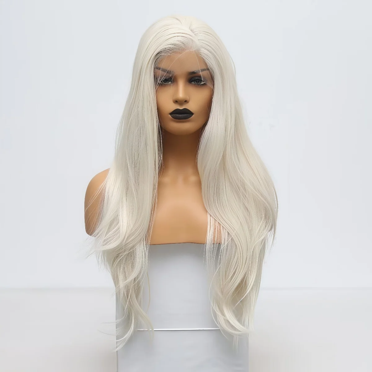 Long Platinum Blonde Natural Wavy Synthetic Hair Free Part Layered White Blonde Curly Heat Resistant Fiber Wigs for Women Daily
