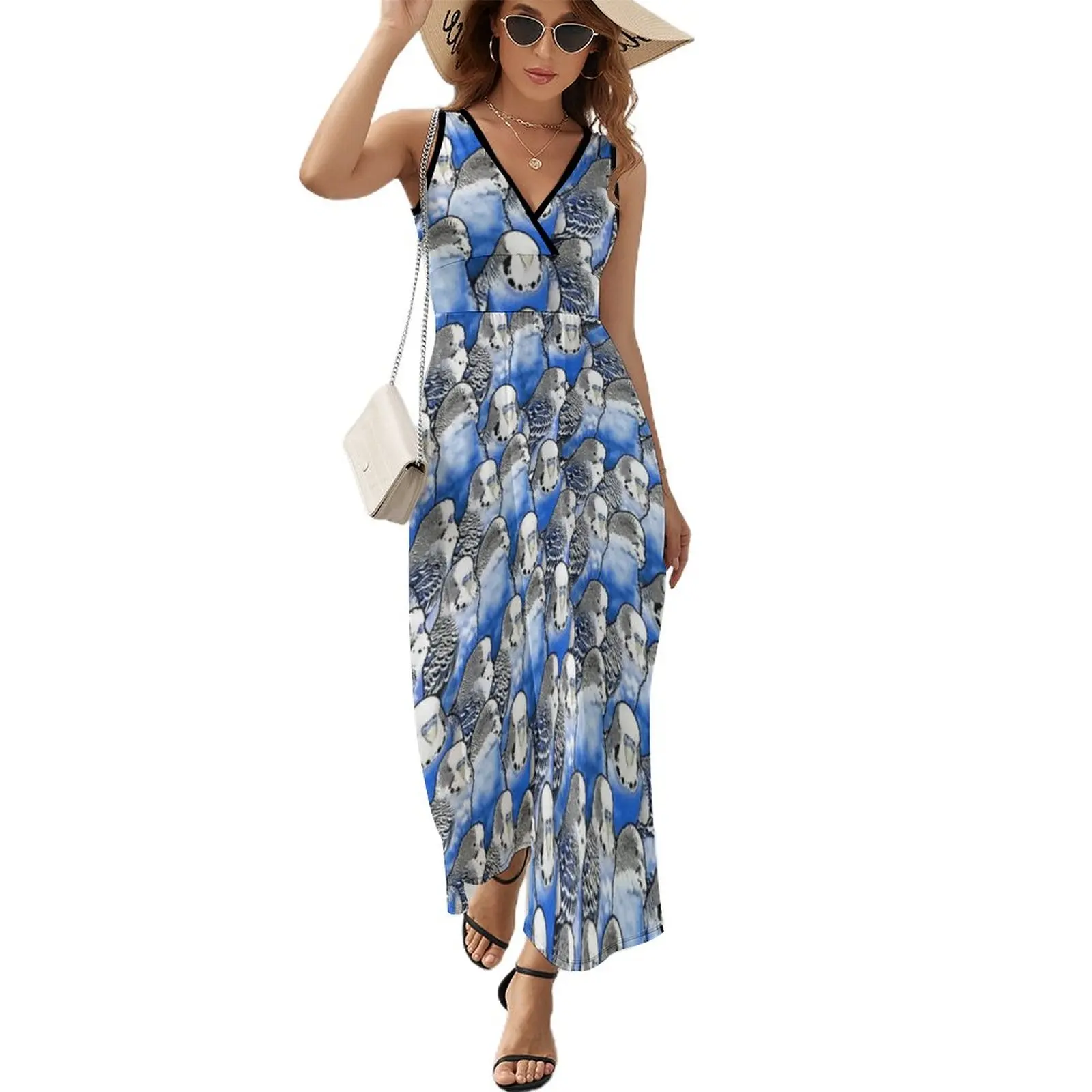 Cool Parrot Dress Female Budgie Blue Pattern Sexy Maxi Dress V Neck High Waist Street Wear Graphic Bohemia Long Dresses