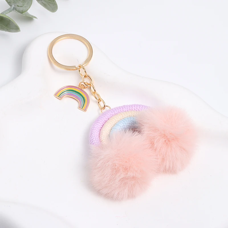 Lovely Keychains Cute Colorful Rainbow Wool Plush Ball Key Rings For Women Girls Handmade Jewelry Friend Gift Handbag Decoration