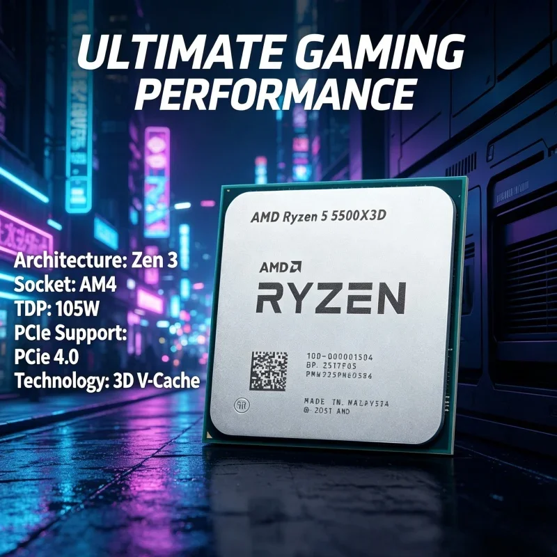 Esports Streaming Gaming CPU AMD Ryzen 5 5500X3D 3D V-Cache 96MB L3 4.0GHz AM4 Processor