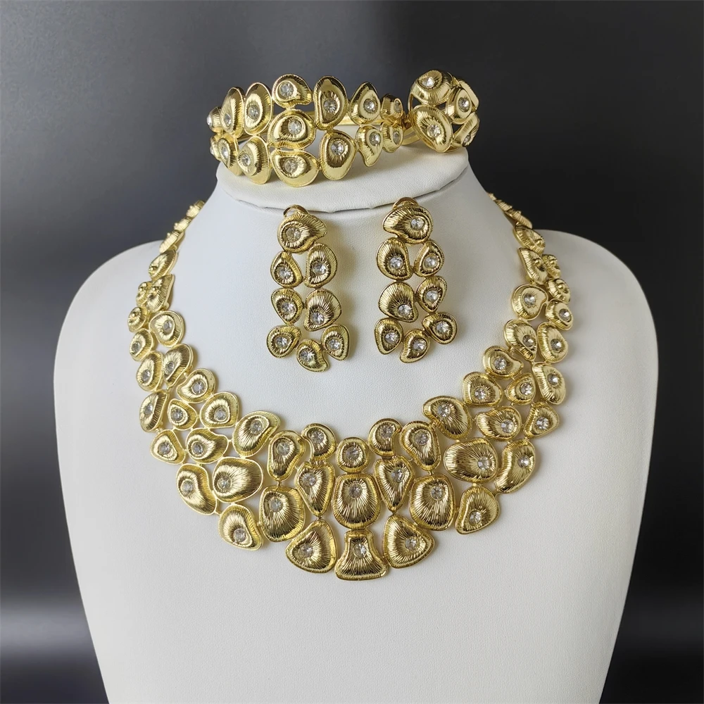 

ESALE Luxury Dubai Gold Color Jewelry Set For Women Necklace Earrings Bracelet And Ring 4pcs Full Jewelry Set
