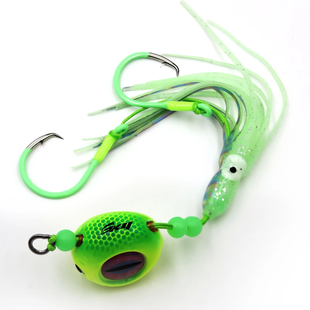 ZYZHE 1 Stück Meeresangel-Hybrid-JIG 120G 150G 200G mit leuchtendem Weichköder, Doppelringhaken, Bootsfischköder, Angelköder – Detail 8