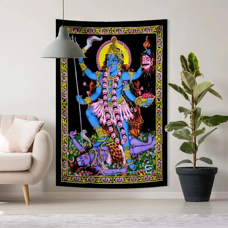 VIKAMA Goddess Cali Tapestry, Holy Female Mural Of Macali Standing On Shiva, Holy Bohemian Decoration Of Altar
