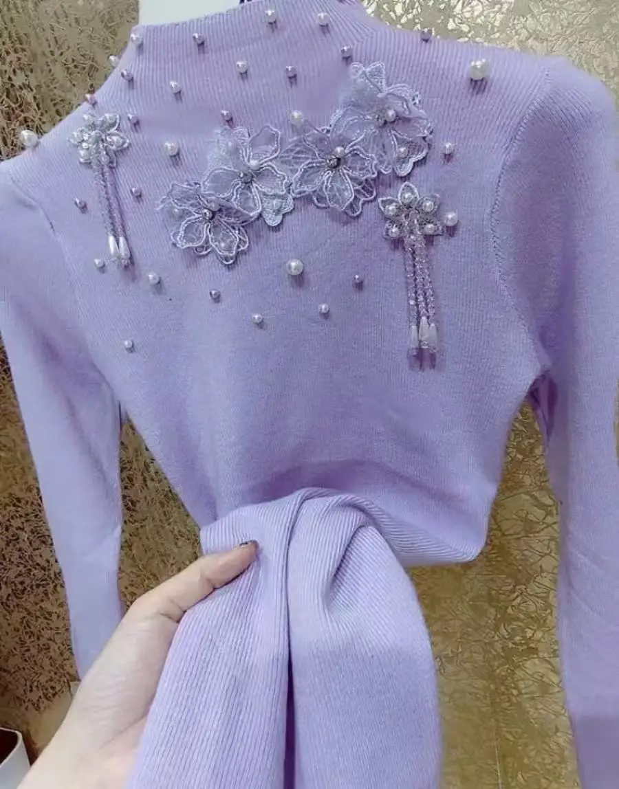 Pearls Beaded Crystal Tassel Flowers Stitch Sweater For Women Spring Autumn 2026 Knitwear Pullovers Femme Clothes