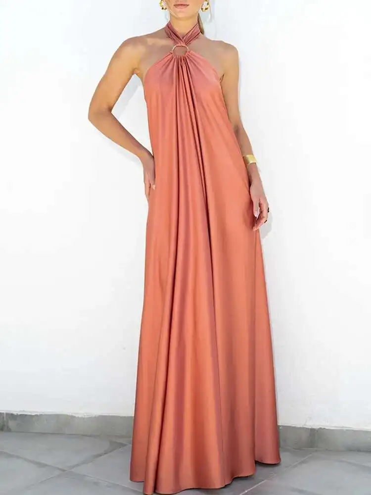 أنيقة المرأة الصلبة ماكسي الشاطئ مثير BabYoung الرقبة عارية الذراعين سيدة حفلة 2025 الصيف بلا أكمام فستان طويل فضفاض Vestidos