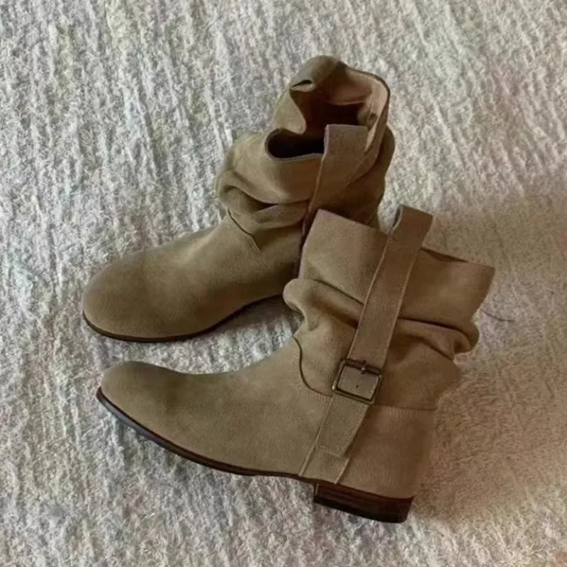 

Soft Pleated Suede Autumn Women Ankle Boots Side Belt Buckle Design Retro Round Toe Weatern Cowboy Style Daily Female Shoes