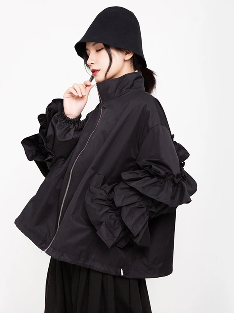 [EAM] Loose Fit Black Ruffles Stitch Big Size Jacket New Lapel Long Sleeve Women Coat Fashion Tide Spring Autumn 2024 1B894