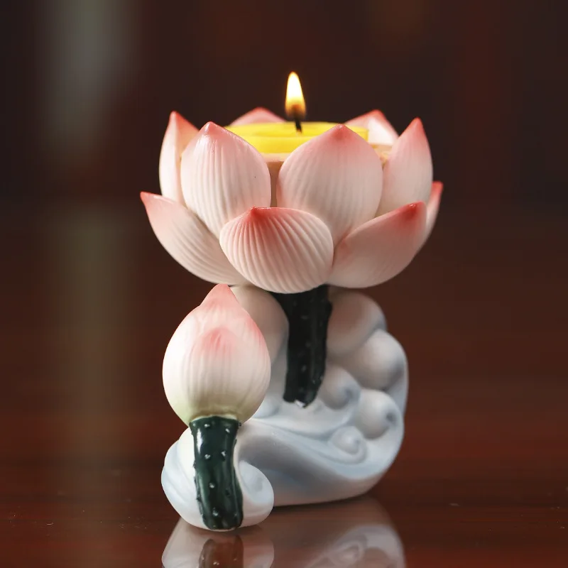 Candela di Buddha realizzata a mano in porcellana con fiore di loto, portacandele, statua di Buddha, decorazione per altare