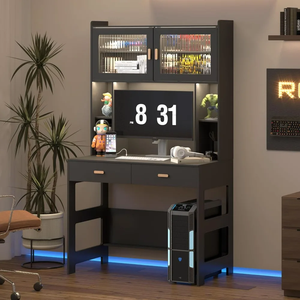 

Home Office Desk with Hutch, Modern Computer Gaming Desk with LED Lights & Power Outlets, Gray Study Table with Storage Shelves