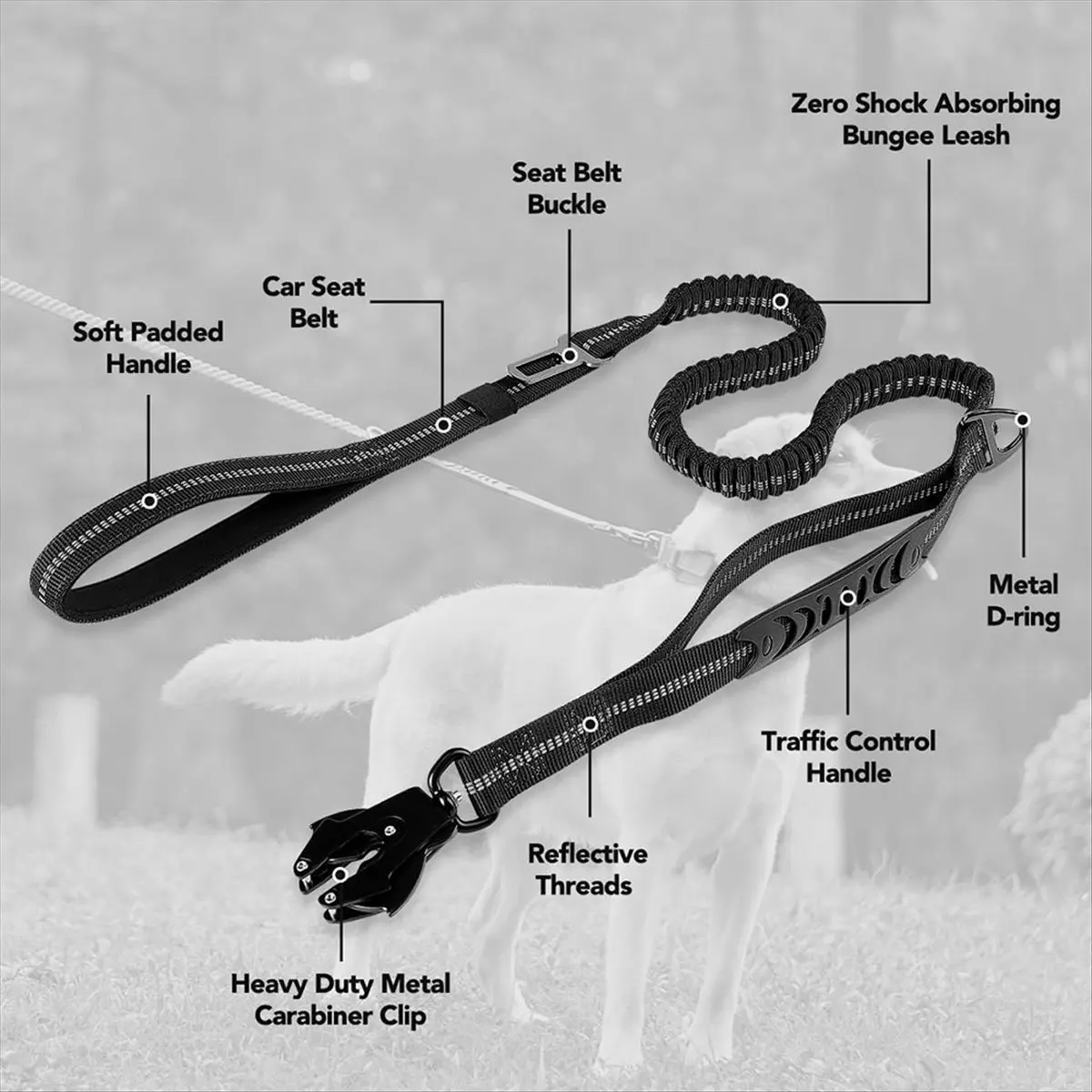 A24I Dog Leash Heavy Duty,4-6FT Shock Absorbing Bungee Dog Leash+2 Padded Handle,Metal Carabiner Clip,Car Seat Belt Black