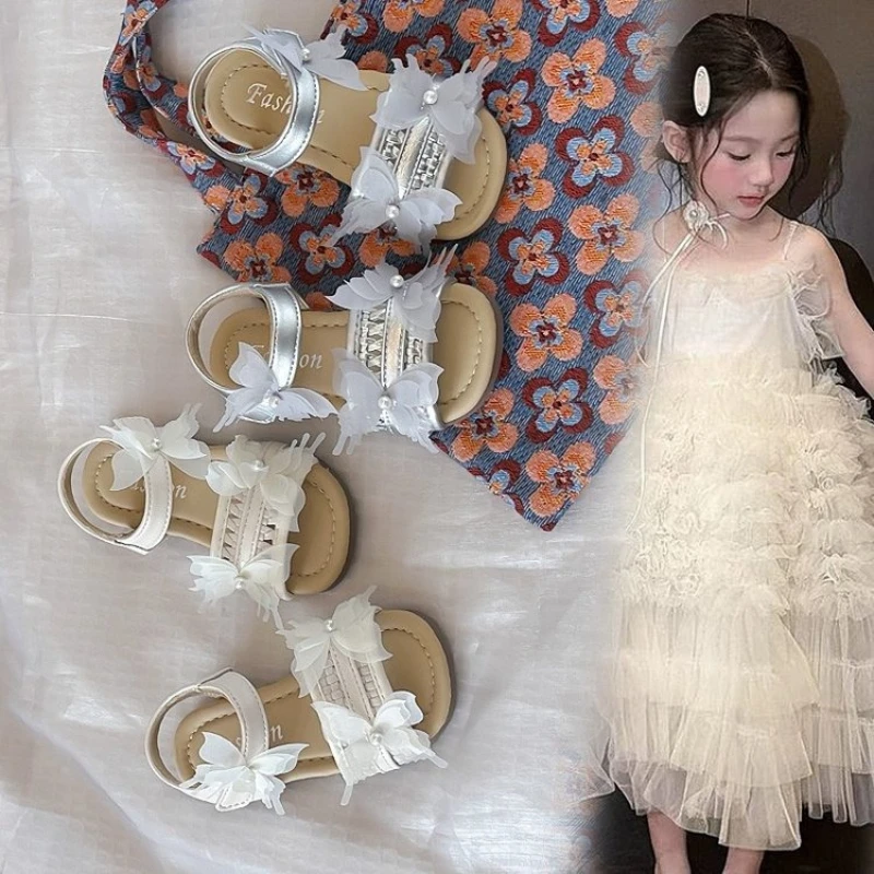 Fashion Children Elegant Woven Sandals Summer Sweet Girls Open-toe Dress Sandals Breathable Lightweight Kids School Flat Sandals