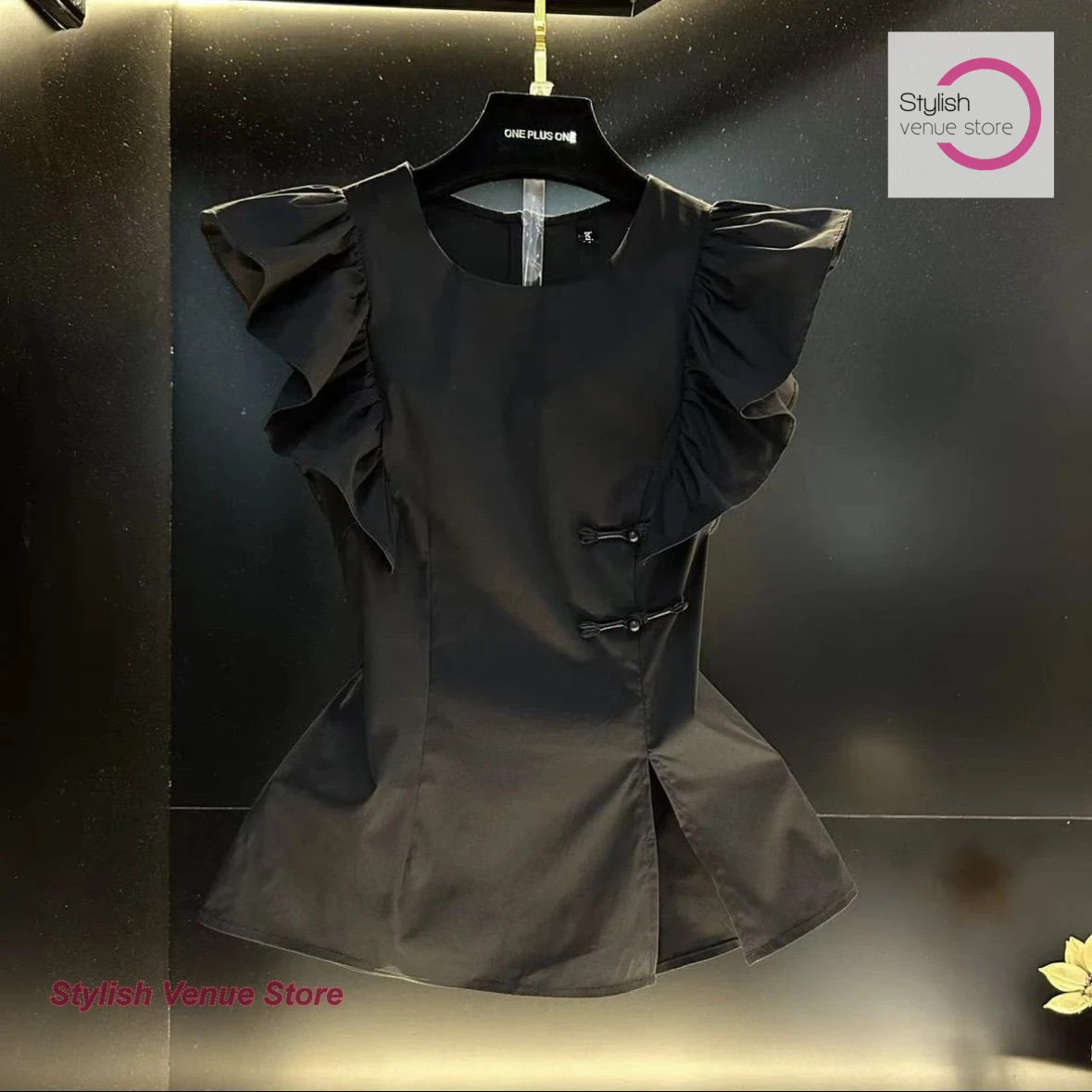 Chinese style black temperament shirt flying sleeves splicing ruffled summer new buckle short-sleeved high-quality fashion top