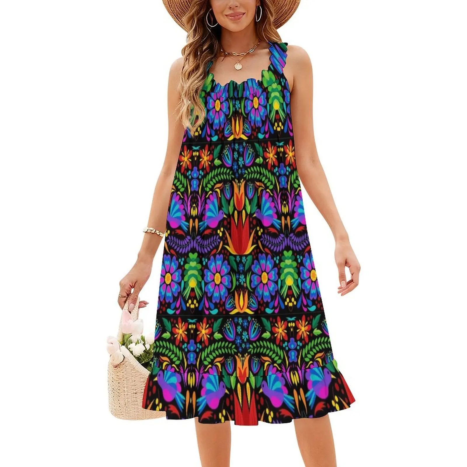 فستان بوهيمي مطرز من أوتومي بدون أكمام للنساء مطبوع عليه فساتين حفلات الشاطئ أوتومي المكسيكي المكسيكي للحفلات بنمط ملون #4