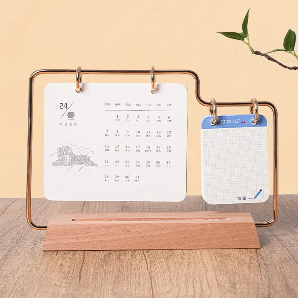 Thickened Desk Calendar with Pen Slot Desk Calendar with Solid Wood Base 2024 Solid Wood Desk Calendar with Metal for Home