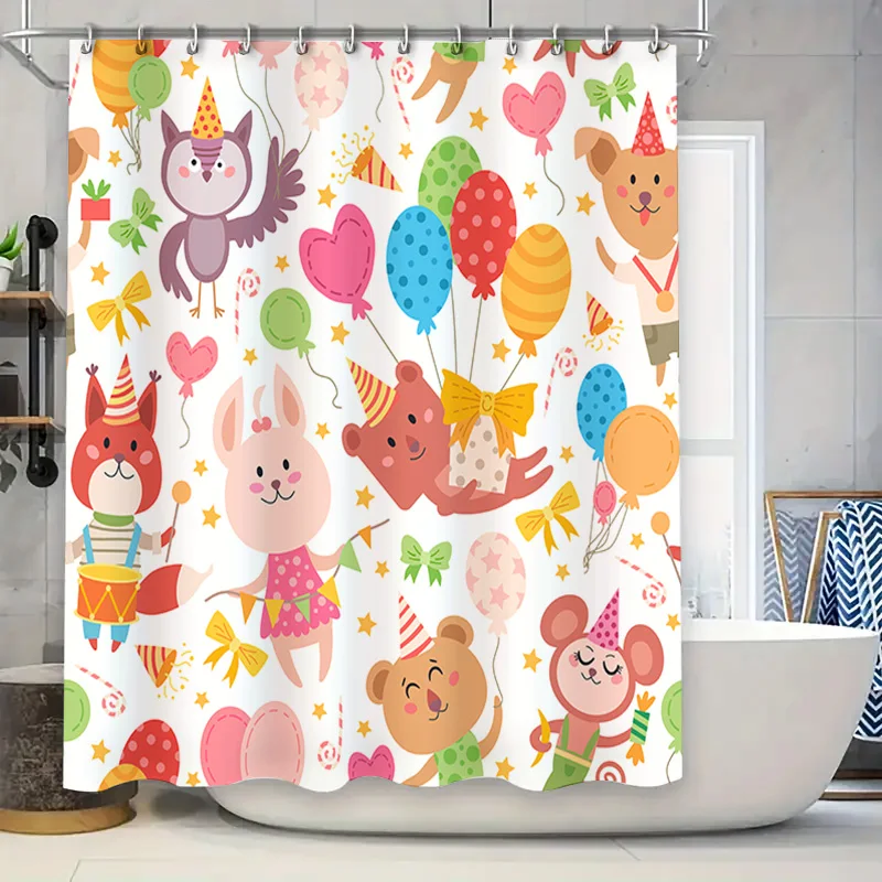 

Animal Party Shower Curtain Tiled Printed Cartoon Decorative Bath Linen Waterproof Fabric Kids Birthday Gift Home Decoration Set