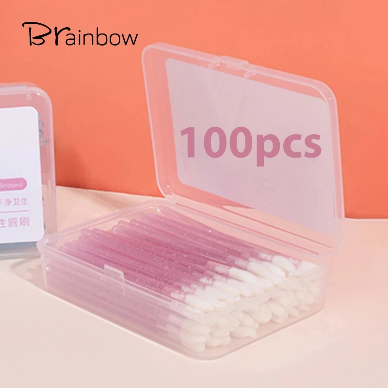 Brainbow 100Pcs Lip Brush แปรงขนตาแต่งหน้าแบบพกพาแต่งหน้าศิลปินพิเศษ Flocking ลิปสติก Lip Glaze ลิปสติกแปรง