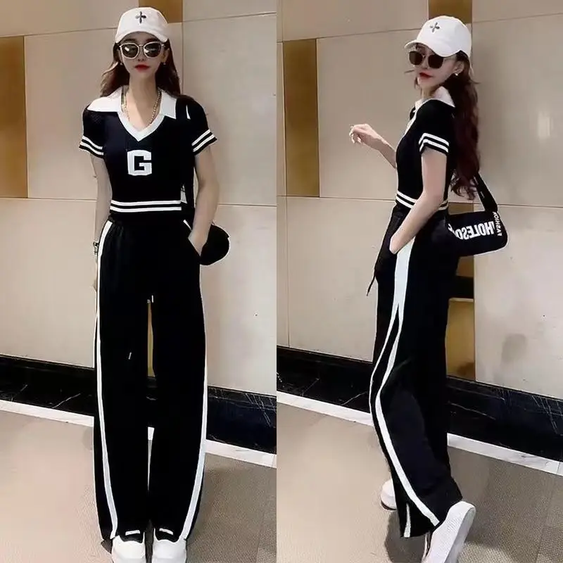 2023Fashion Casual Sports Suit Women\'s New Summer V-neck Short-sleeved T-shirt Contrast Color Wide Leg Pants Two-piece Set