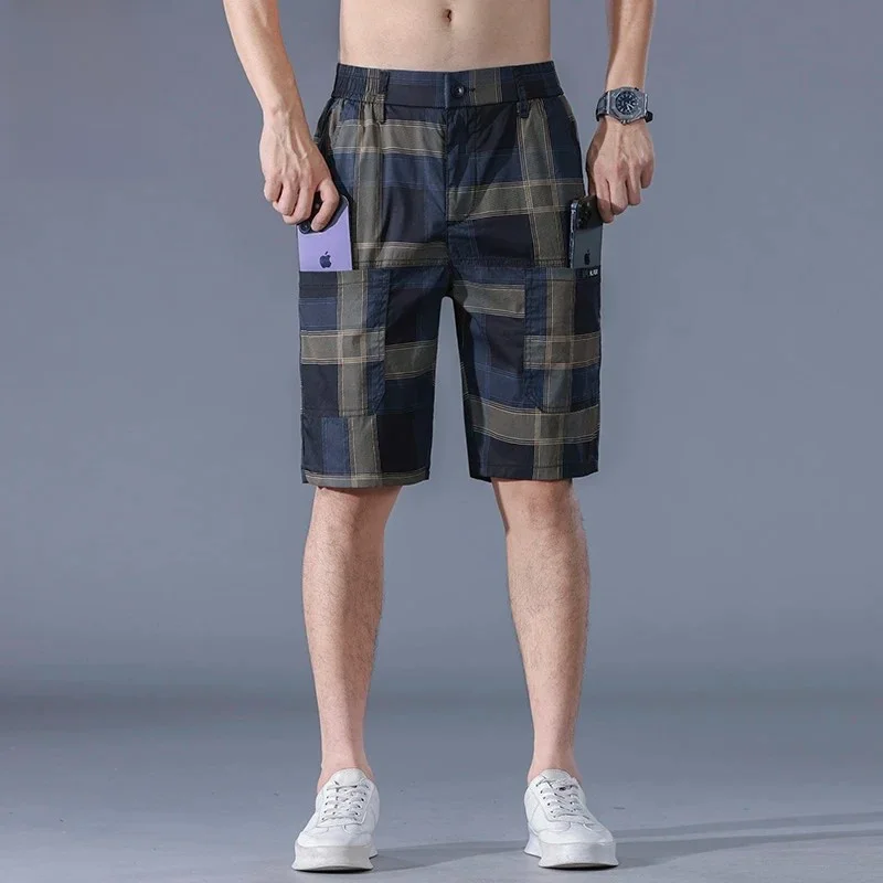 

Bla Plaid Casual Men's orts Five-Quarter Loose Straight Leg Faion Six ket Casual Pants Breathable Lightweight Cotton
