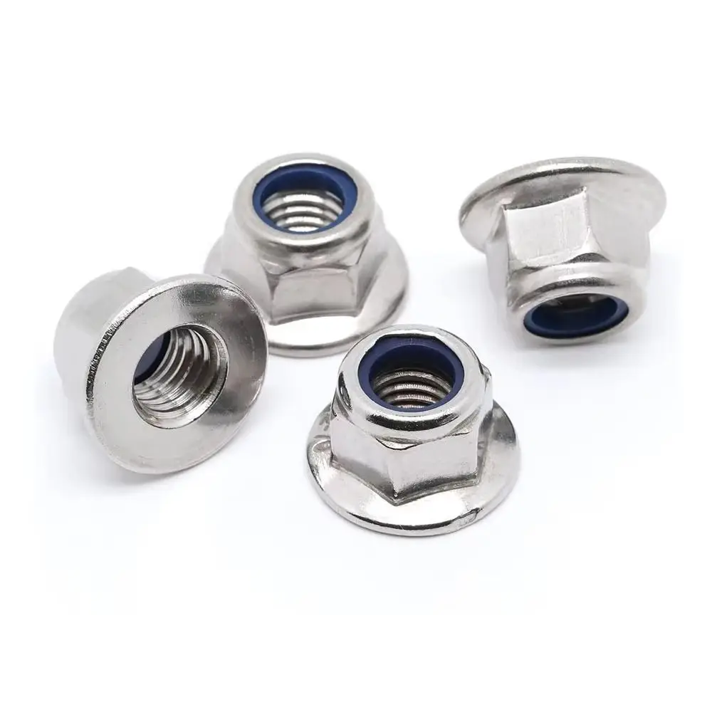 New Stainless Steel Flange Lock Nuts Anti Loose Silver Nylon Lock Nuts Nylon Insert Hex Flanged Nuts GB Standard