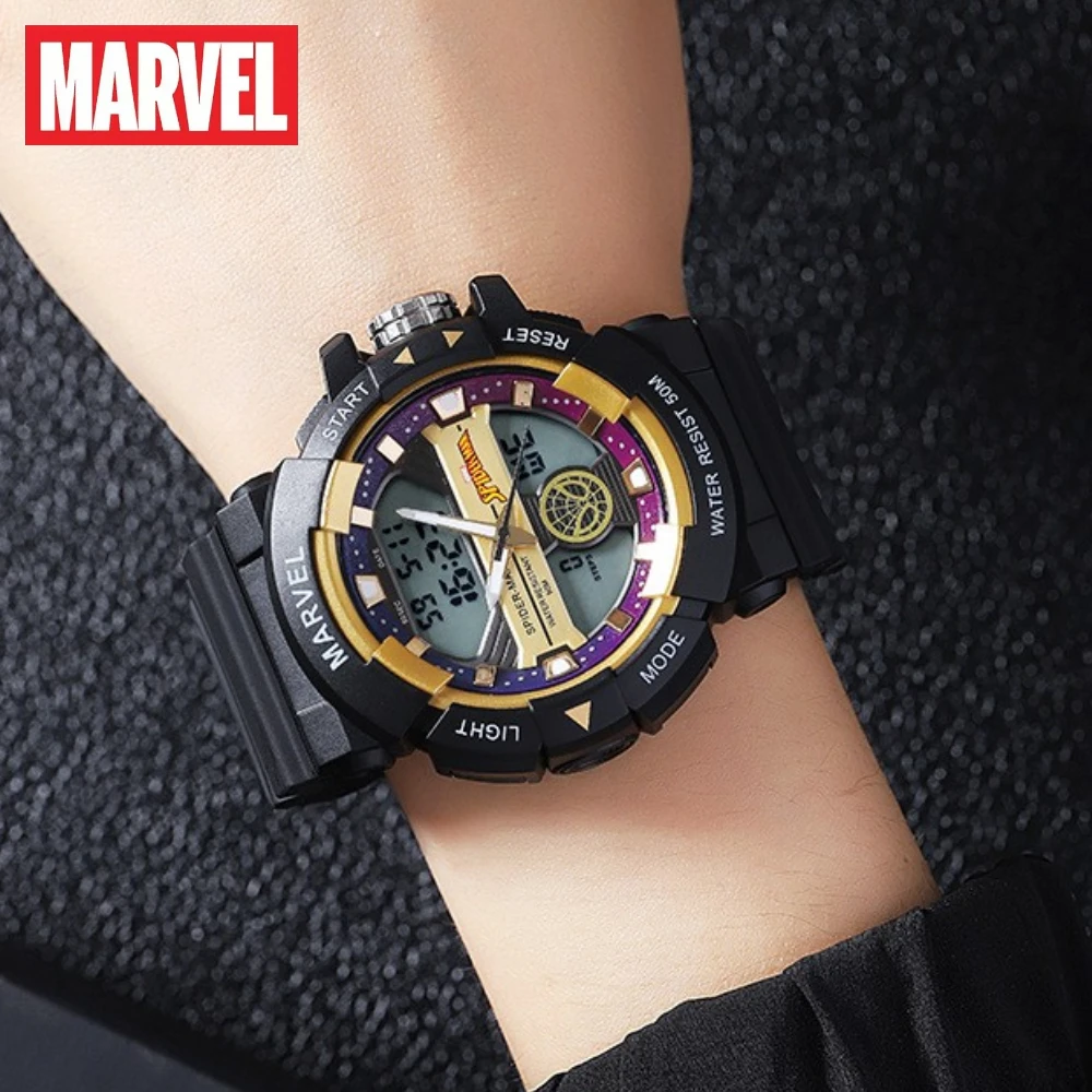 Marvel Disney Gift With Box Iron Man Core Sports Dual Display Luminous Waterproof Alarm Clock Children\'s Electronic Watch