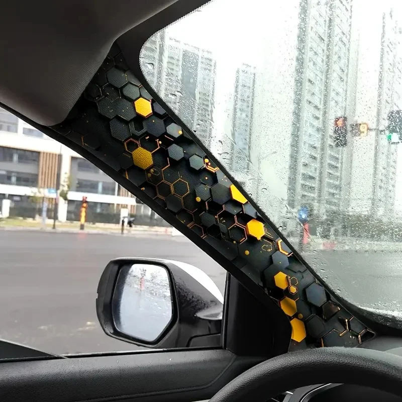 2Pcs Universal Car A Pillar Decor Sticker 3D Tech‑Style Honeycomb Hexagon Vinyl Decal Automobile Interior DIY Accessories