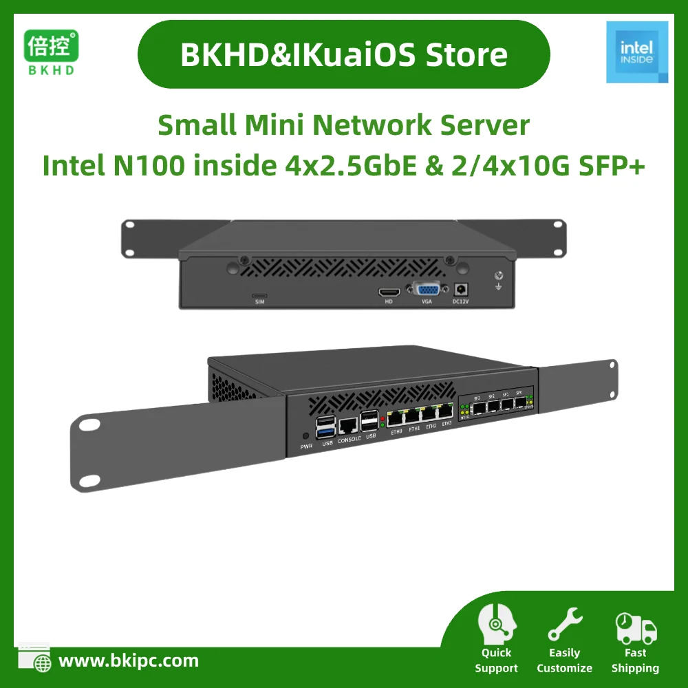 IKuaiOS Intel N100 Desktop Rackmount Network Appliance for Firewall Server 4LAN 2.5GbE 4-Port 10G SFP+ OTS 1264 4L4S