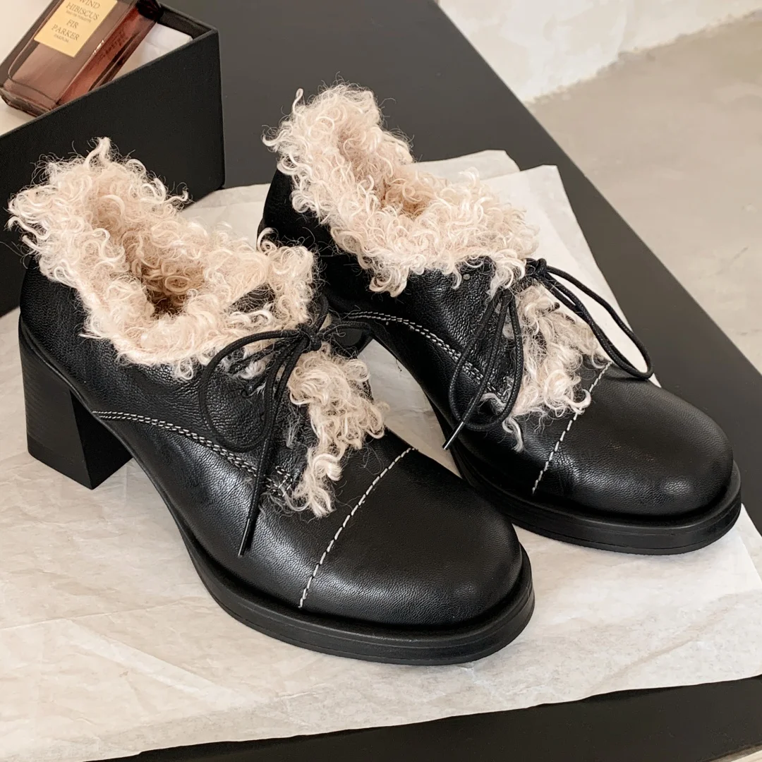 

danxuefei women's sheepskin round toe lace-up wool inside winter oxfords 7.5cm thick med heel elegant ladies heeled dress shoes